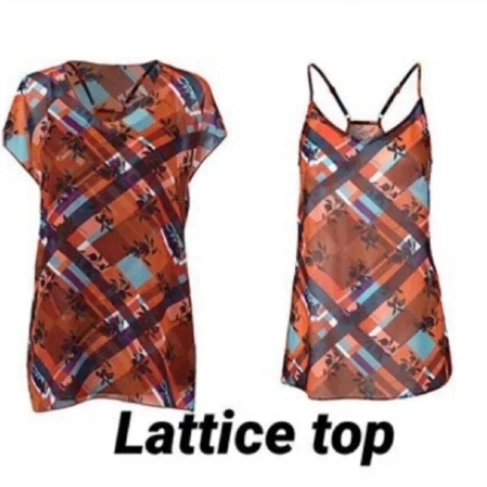 Cabi Plaid Lattice 2 Piece Short Sleeve Blouse Shirt with Tank - Size Small-Fall